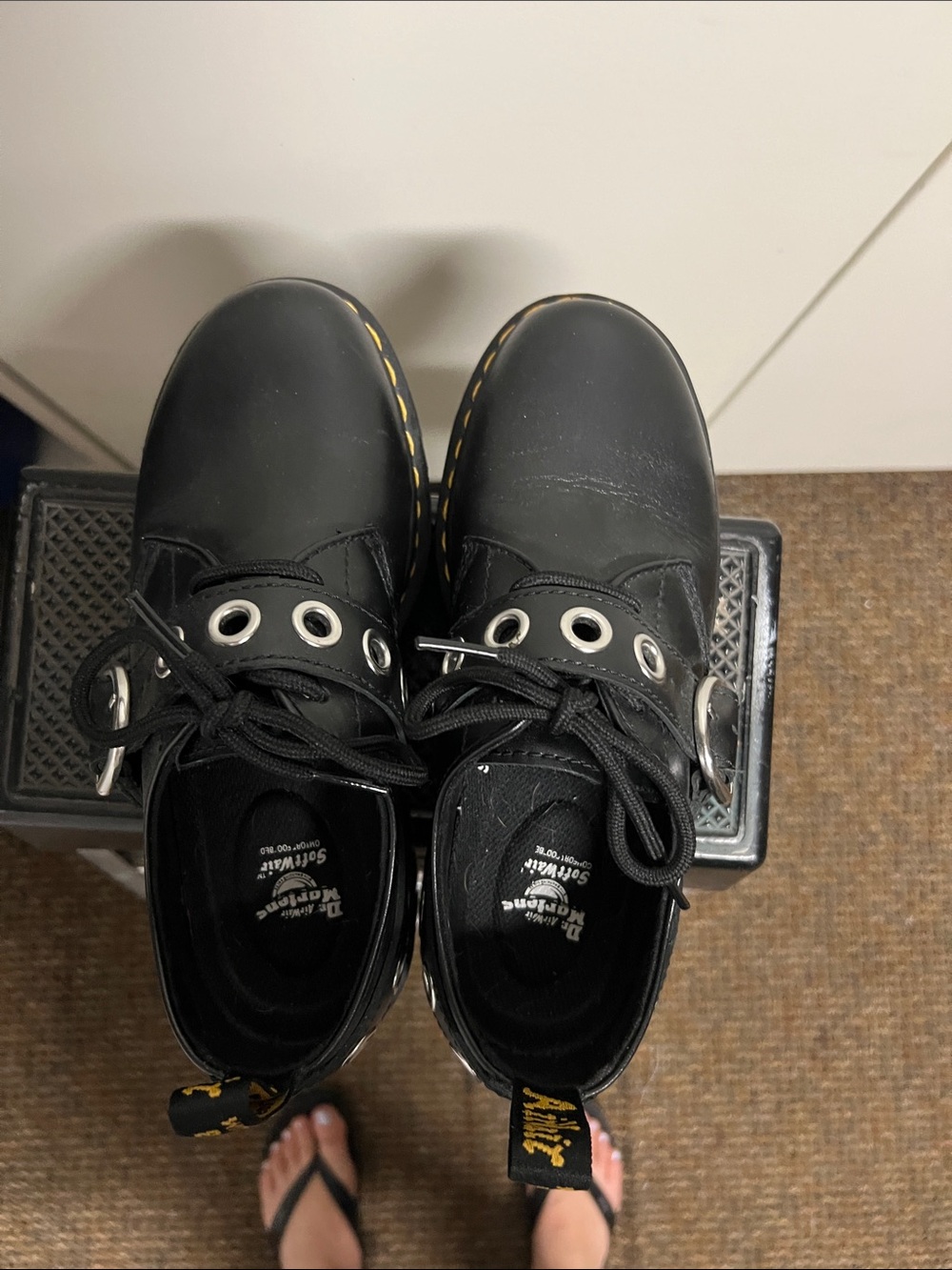 Dr. Martens Black Leather Lug-Sole Mary Jane Shoes with Yellow Stitching - Picture 4 of 7